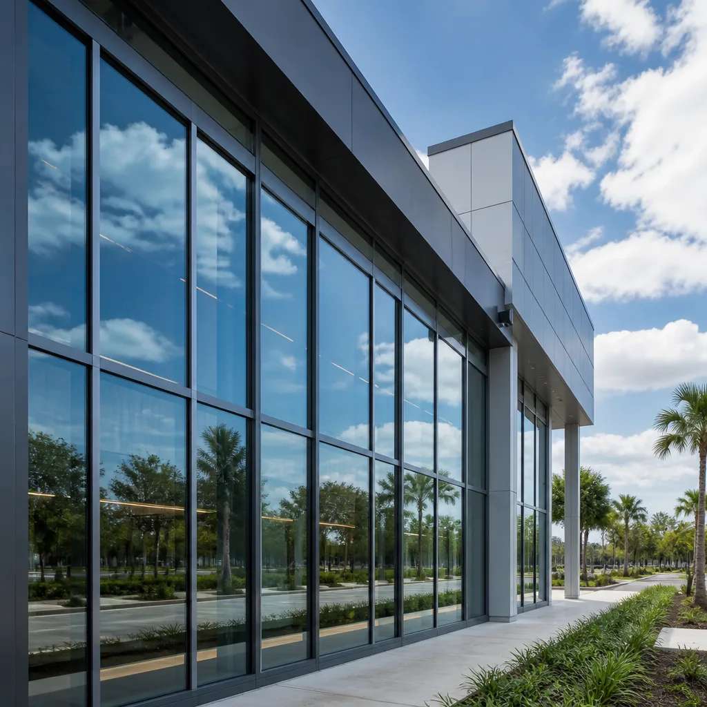 Modern commercial building exterior with sleek, high-quality custom glass windows. in Pompano Beach, FL