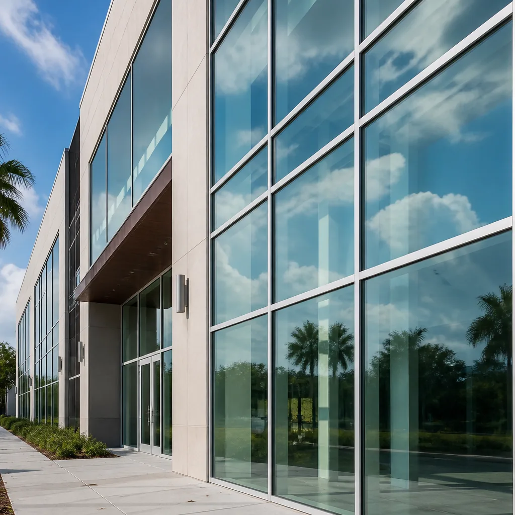 Modern commercial building exterior featuring custom glass windows and professional doors nationwide