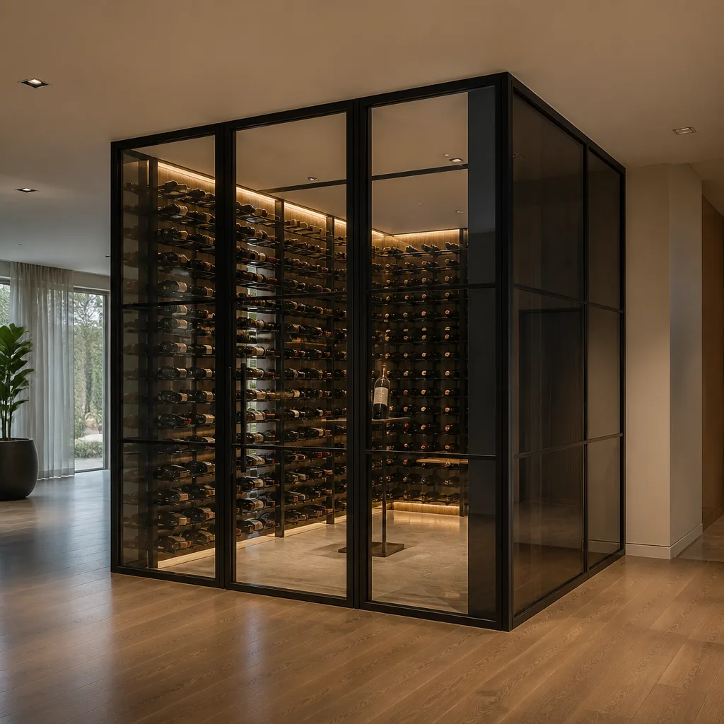 Custom black frame glass wine cellar enclosure in modern luxury home nationwide