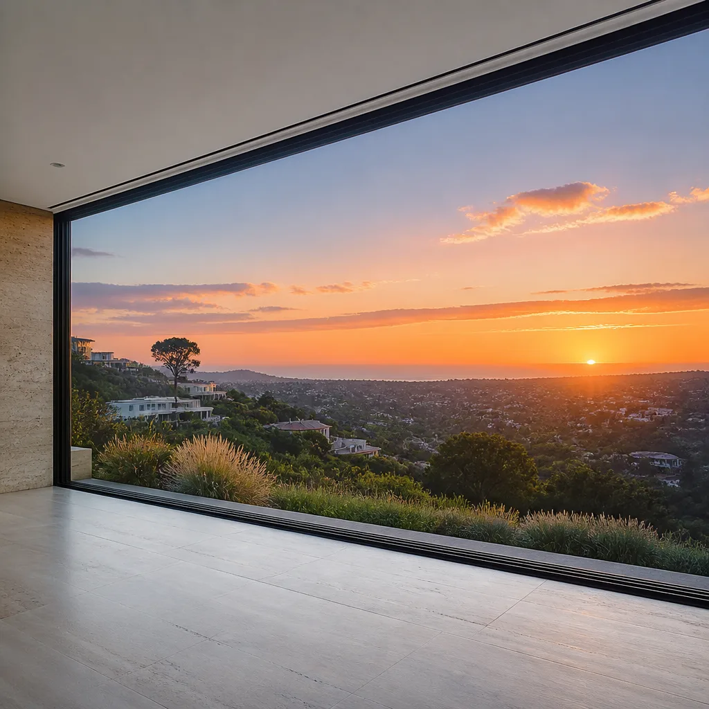 Modern floor-to-ceiling panoramic sliding glass doors overlooking a sunset view nationwide