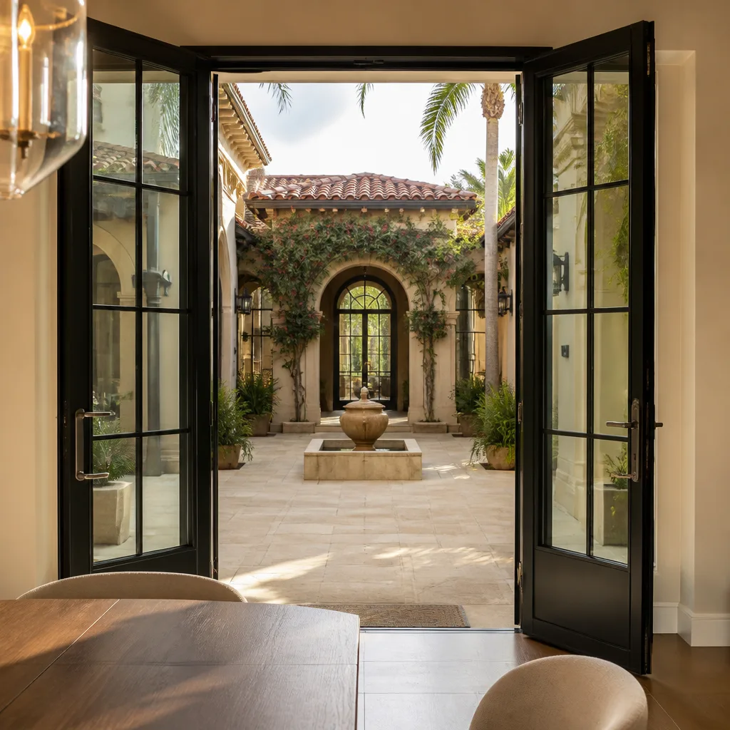 Black framed French doors opening to a scenic Mediterranean courtyard garden in Pompano Beach, FL