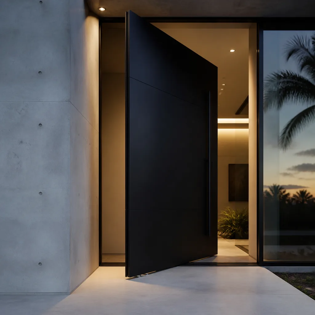 Modern luxury oversized black pivot door installation in contemporary home entrance nationwide