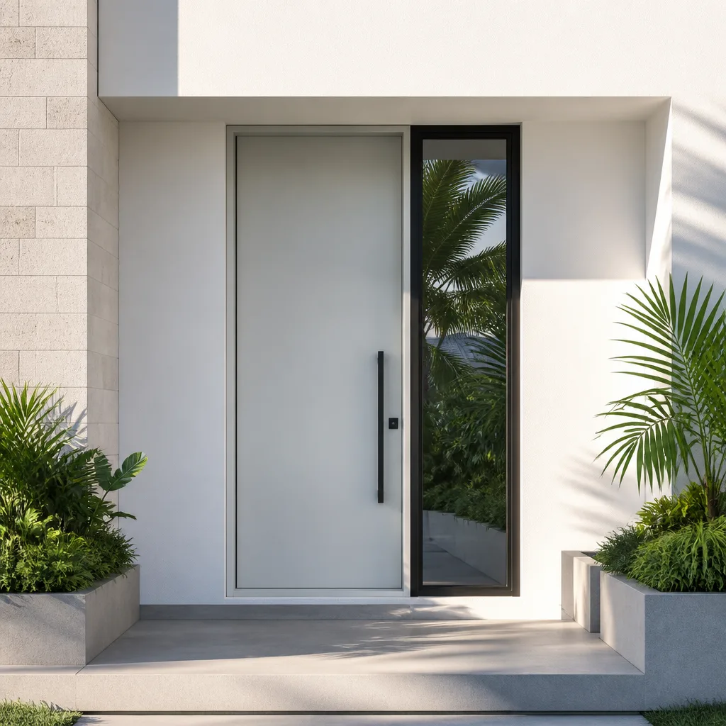 Modern white front door with sidelight and contemporary black hardware. nationwide
