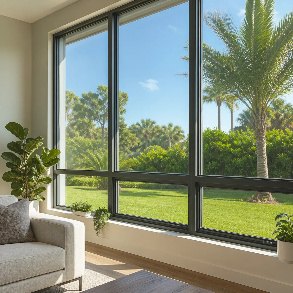 Energy-efficient window installation in a modern bright living room overlooking greenery in Pompano Beach, FL
