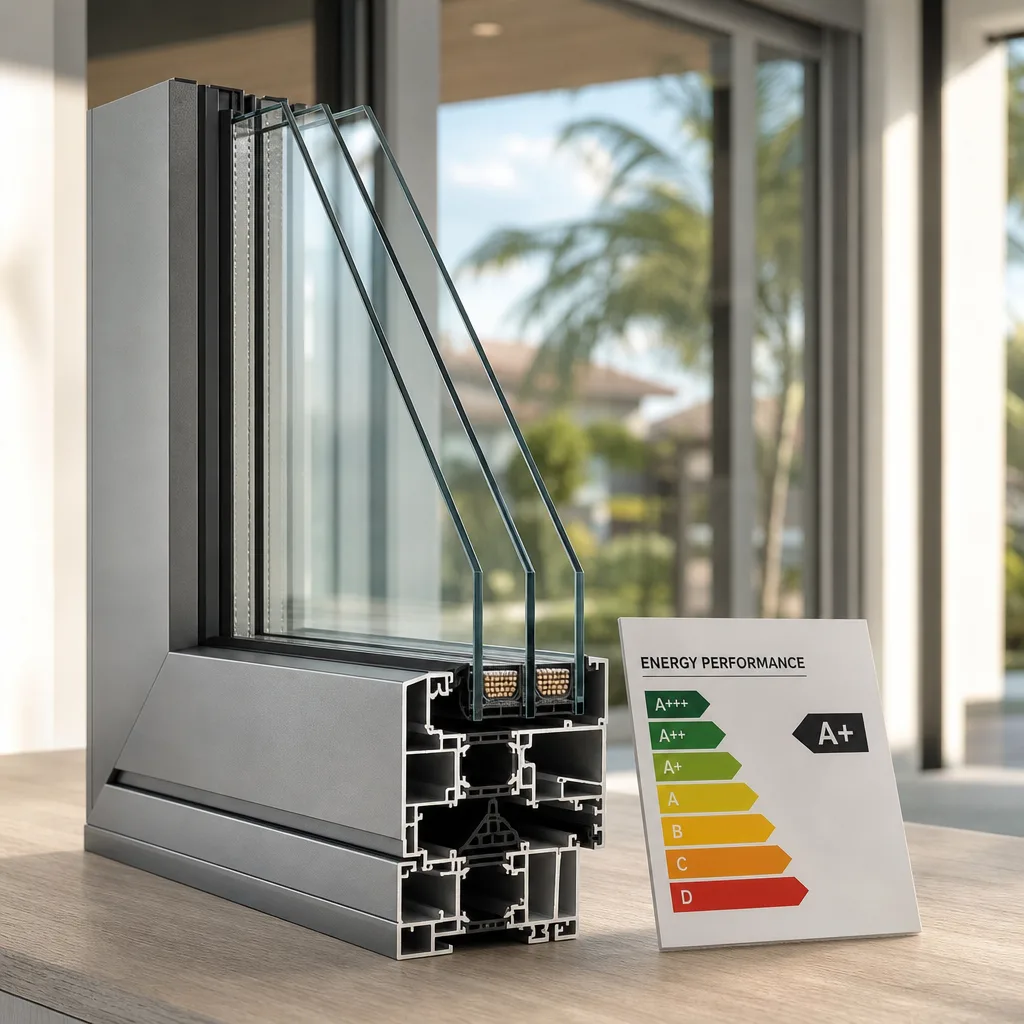 Cross-section of triple-glazed energy-efficient window frame with A+ rating nationwide