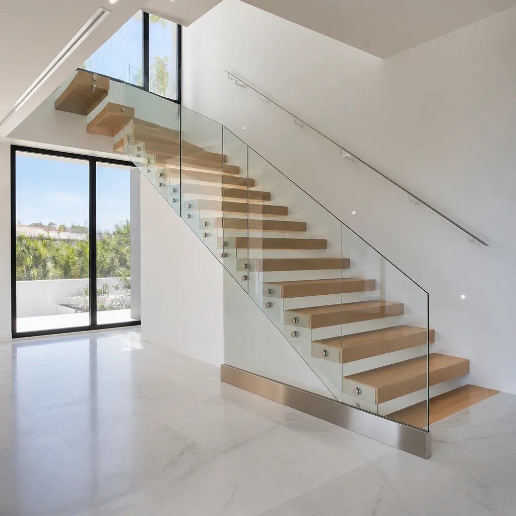 Modern floating staircase with a minimalist glass railing system nationwide