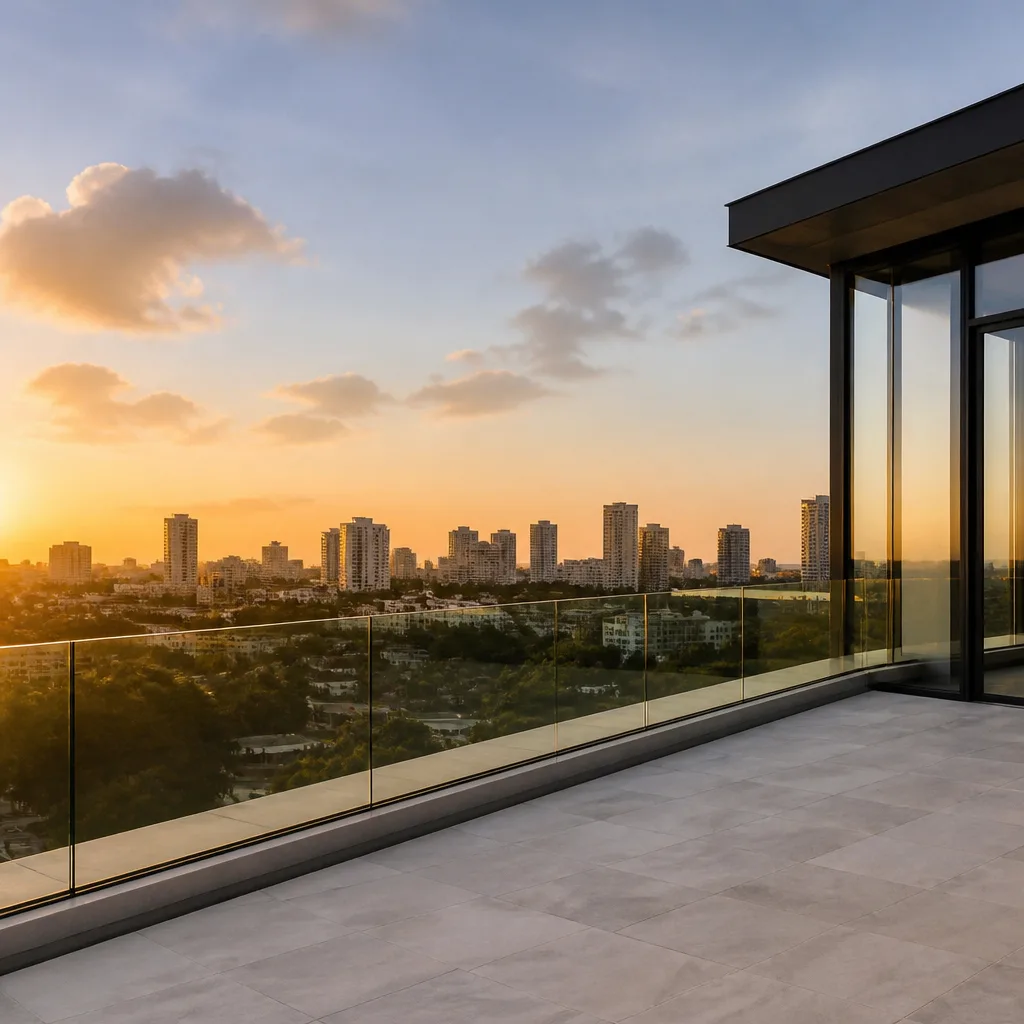 Modern frameless glass railing system on a luxury balcony at sunset nationwide