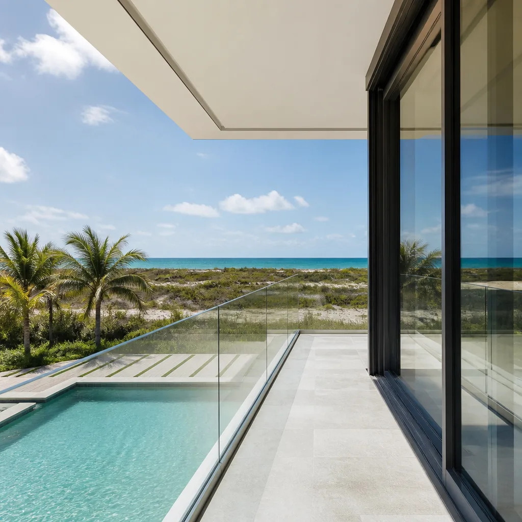 Modern frameless glass railing system on luxury balcony with pool view in Pompano Beach, FL