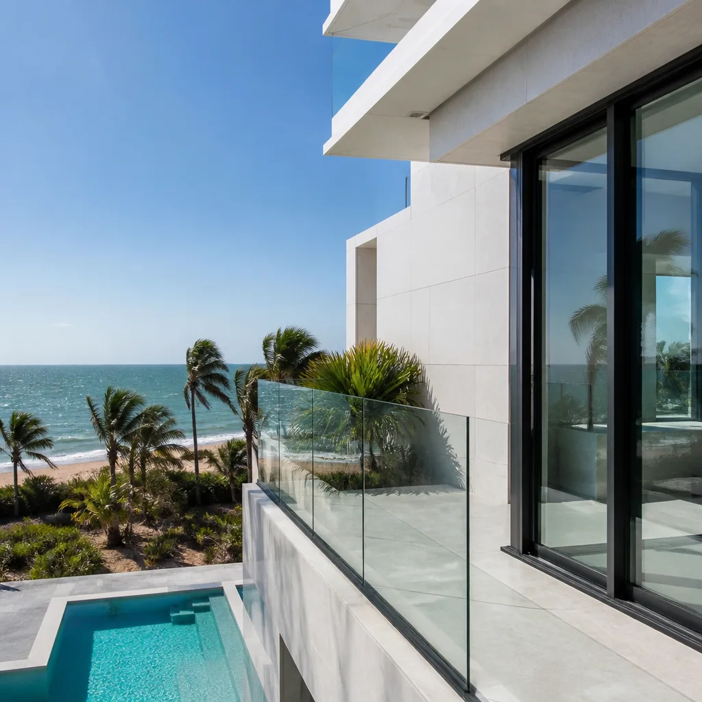 Modern residential glass railing system on an oceanfront balcony. nationwide