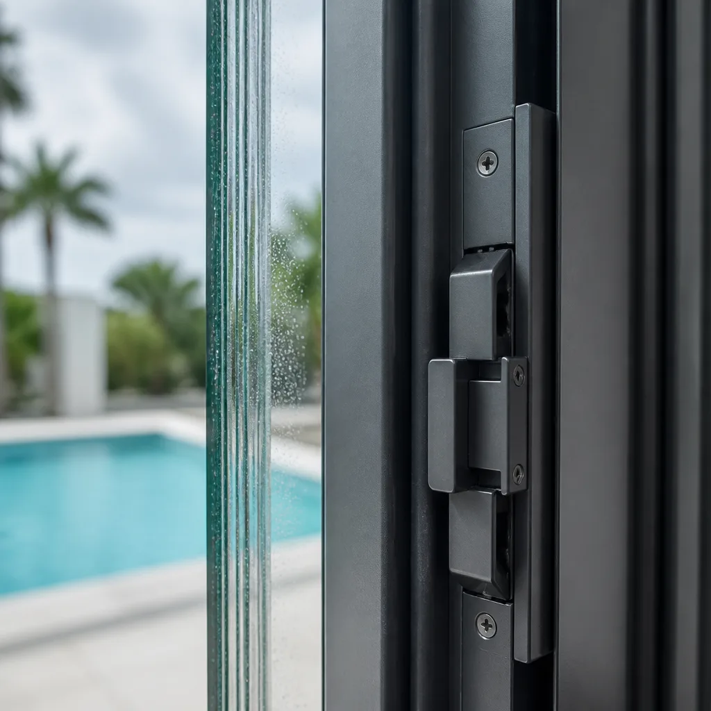 Close-up of a high-security impact door lock mechanism nationwide