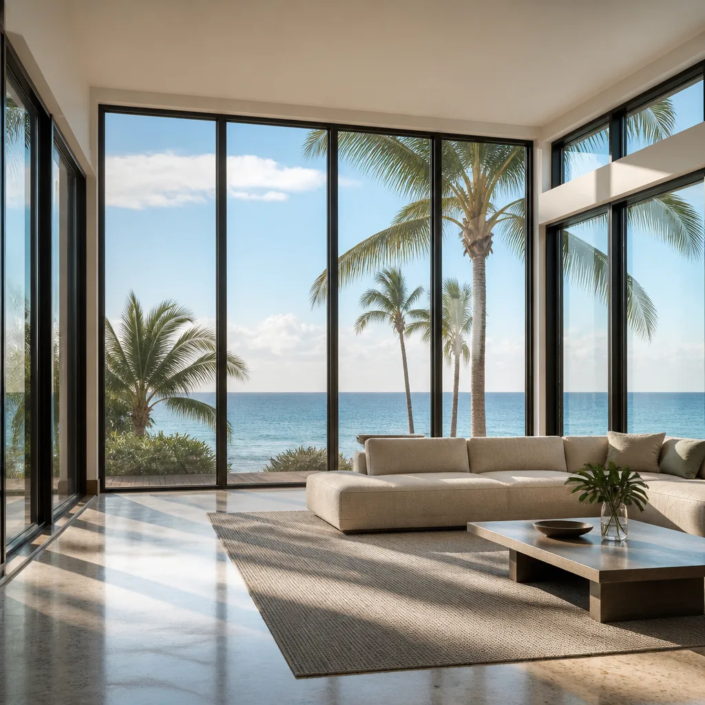 Modern floor-to-ceiling impact windows in a luxury living room overlooking ocean nationwide