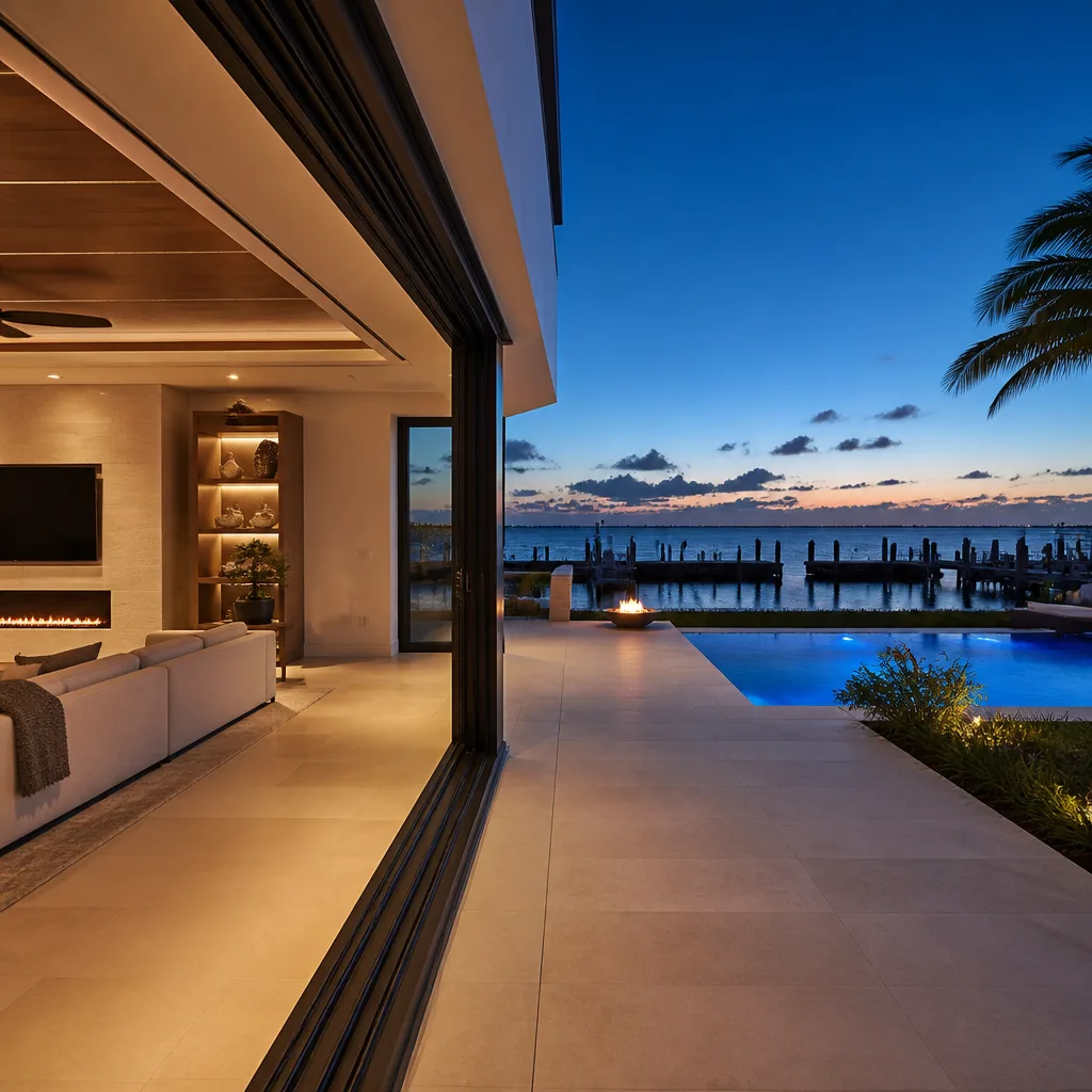 Luxury home with impact-resistant sliding glass doors opening to a pool in Pompano Beach, FL