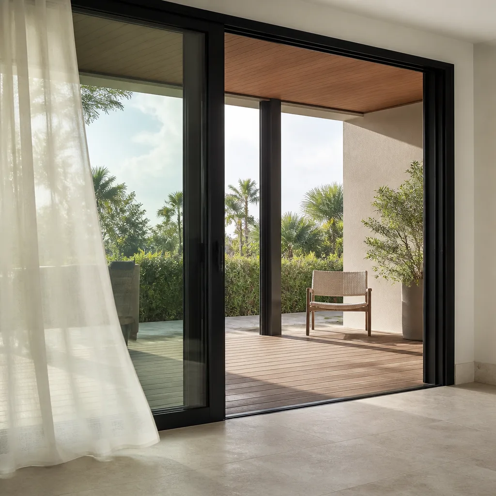 Modern black frame sliding glass patio door leading to outdoor deck in Pompano Beach, FL