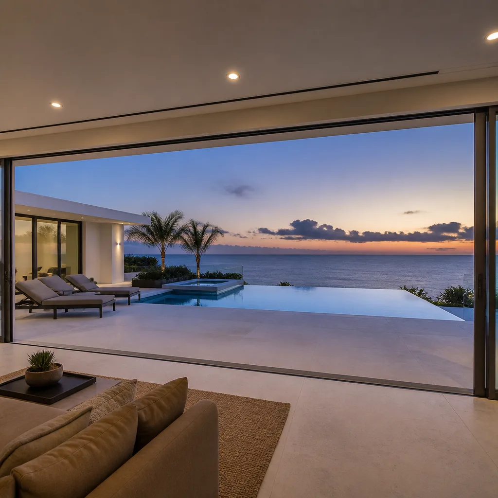 Modern sliding patio doors opening onto a scenic outdoor infinity pool deck in Pompano Beach, FL