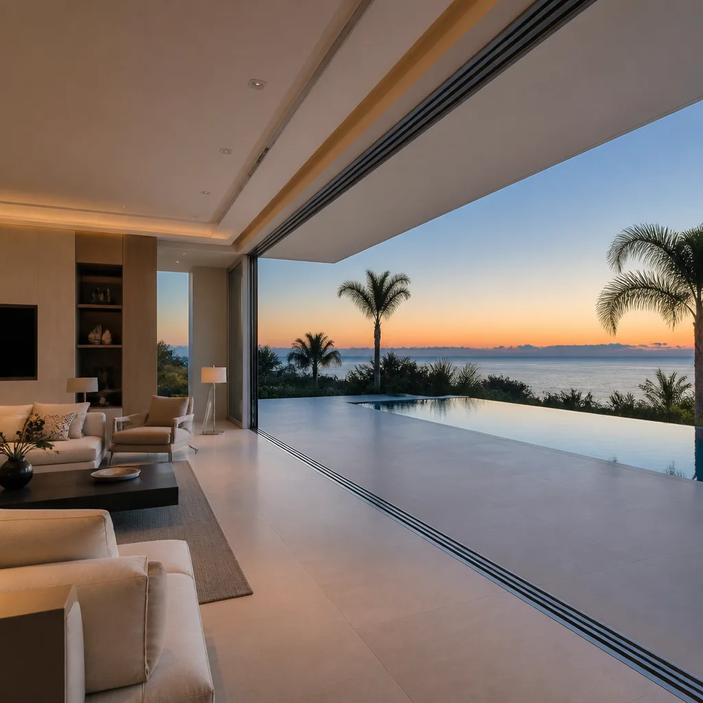 Modern floor-to-ceiling sliding glass patio doors opening to an infinity pool in Pompano Beach, FL
