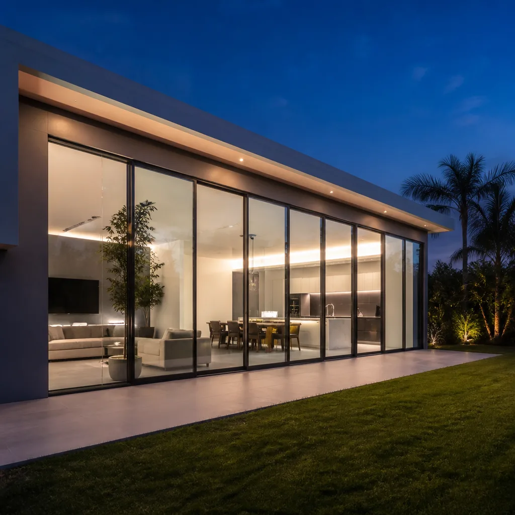 Modern floor-to-ceiling sliding glass patio doors on a contemporary luxury home nationwide
