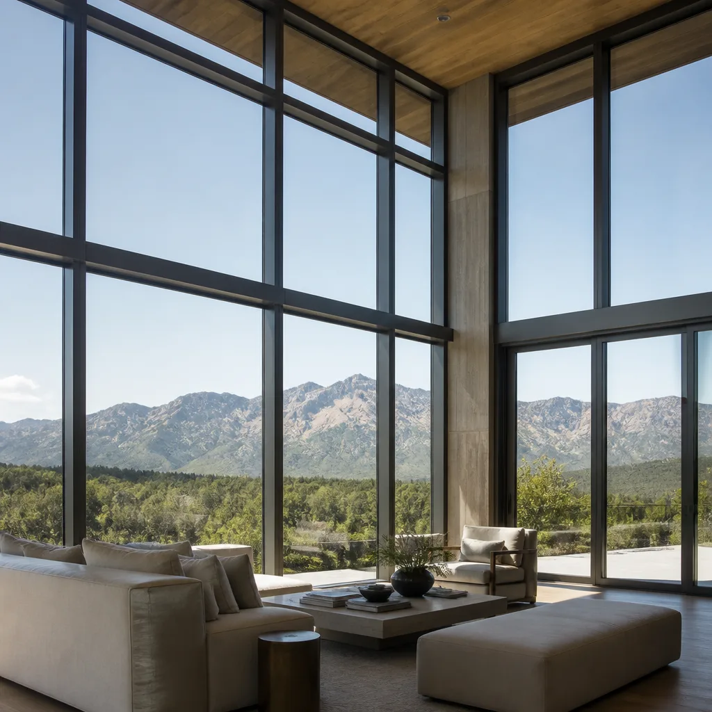 Modern floor-to-ceiling panoramic window installation in a luxury mountain home. nationwide