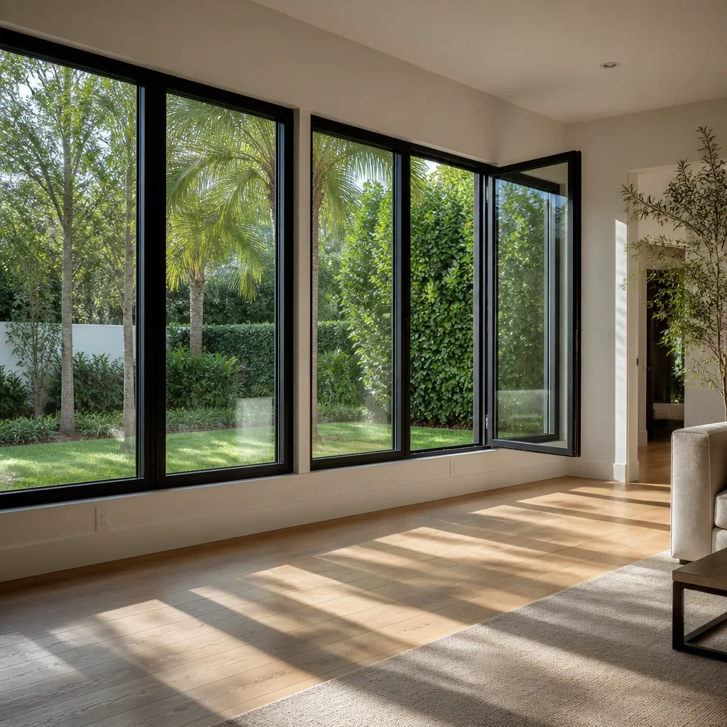 Modern living room featuring professionally installed black-framed casement windows. nationwide