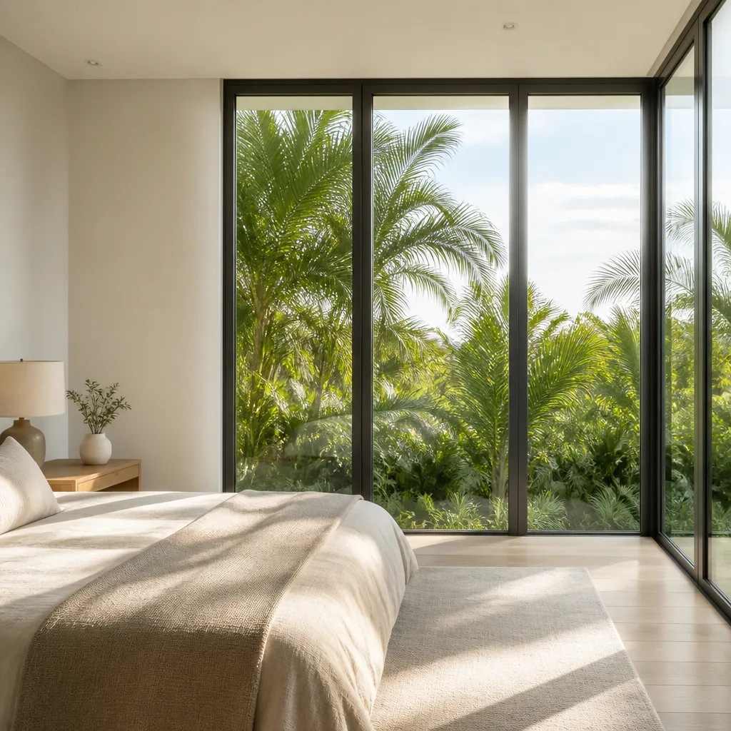 Modern floor-to-ceiling bedroom windows with black frames and tropical garden view in Coconut Creek, FL